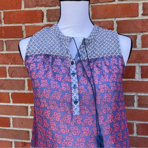 Lorimer NYC Semi Sheer Floral Print Sleeveless Boho Top With Tassels Womens XS - Picture 2 of 7